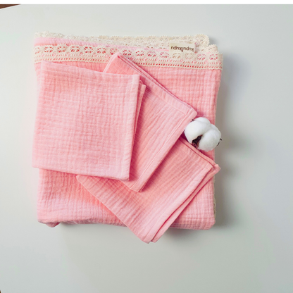 3'lü Ağız Mendili ve Müslin Örtü Seti - Pudra